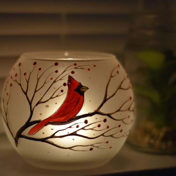 Frosted Glass Candle Holder, Hand Crafted in Ukraine, Cardinal, Wonderful Year Round