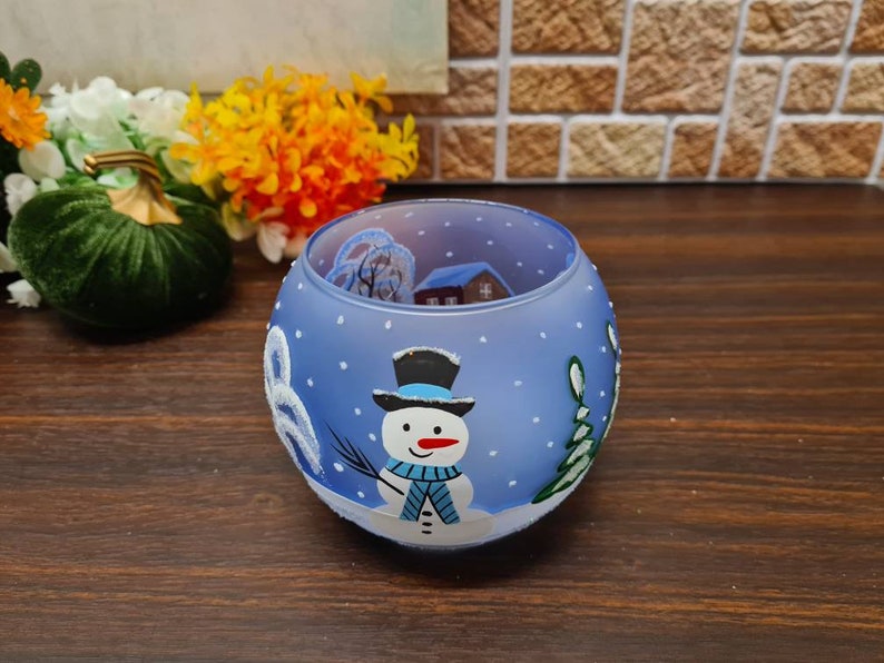 Snowman Candle Holder Hand Made In Ukraine Blown Glass Hand Painted Snowman In Winter Unique Gift Winter Decor Peace Of Mind image 8