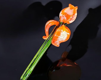 Orange Glass Iris, Handcrafted Glass Flower, Hand Made In Ukraine Using Murano Quality Glass, Great Gift For Flower Lovers, 12 Inches Iris