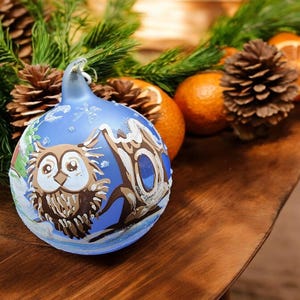 Blown Glass Ornament - Fun Owl - Light Blue - Hand Painted - Exquisite Craftsmanship - Natural Glass Loop - Hand Made In Ukraine