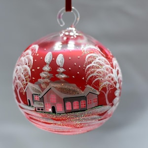 Glass Candle Holder Winter Cabins, Red Glass Terrarium Candle Holder, Hand Painted Tealight, Handmade Gift, Hand Made in Ukraine