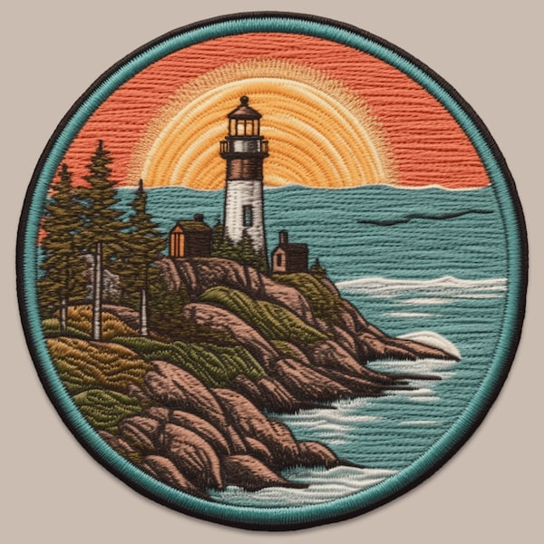 Lighthouse Patch Iron-on/Sew-on Applique for Clothing Jacket Vest Backpack Hat, Nature Badge, Decorative Craft, Seek Adventure, Ocean Sunset