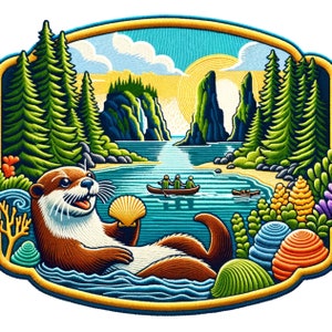 Otter Patch Embroidered Iron-on/Sew-on Applique for Clothing Jacket Jeans Backpack Wild Animals Nature Badge, National Parks, Trees, Lake