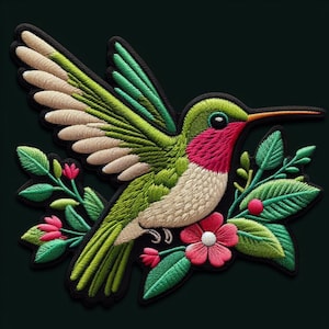 Humming Bird Patch Iron-on/Sew-on Applique for Clothing Jacket Jeans Backpack Costume Hat Cap, Animal Badge, Wild Bird, Flower, Decorative