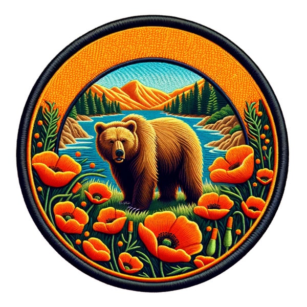 California Poppy Bear Patch Embroidered Iron-on/Sew-on Applique for Clothing Jacket Jeans Backpack, Nature Badge Animals Mountain Flowers