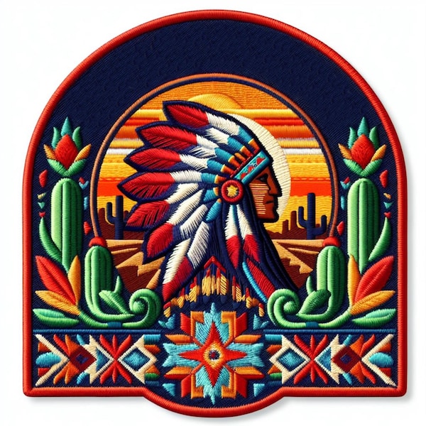 Indian Chief Patch Iron-on/Sew-on Applique for Clothing Vest Jeans Backpack, Southwest Badge, Headdress, Native, Indigenous, Decorative