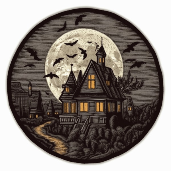 Haunted House Patch Iron-on/Sew-on Applique for Clothing Jacket Vest Jeans Backpack, Halloween Badge, Decorative Craft, Scary, Monster, Bats