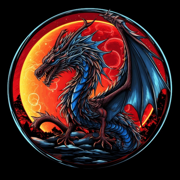 Dragon Sticker, Car Truck Window Bumper Vinyl Graphics Sticker Decal, Waterproof UV resistant decal, Red Moon, Fantasy, Folklore, Mythology