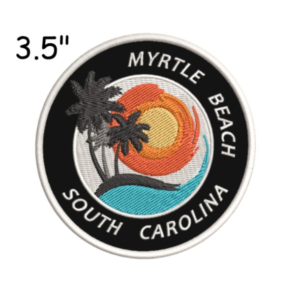 Myrtle Beach South Carolina Patch Embroidered DIY Iron-on Applique Clothing Vest Jeans Backpack, Travel Adventure Badge Palm Trees Ocean Sun
