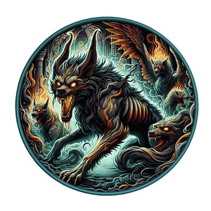 Hellhound Patch Iron-on/Sew-on Applique for Clothing Jacket Vest Jeans Backpack Hat, Mythology Badge, Cerberus, Legend, Creature, Demon Dog