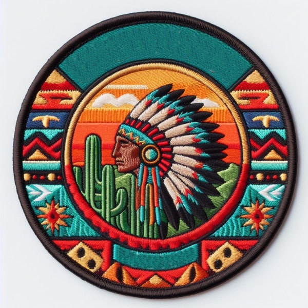 Indian Chief Patch Iron-on/Sew-on Applique for Clothing Vest Jeans Backpack, Southwest Badge, Headdress, Native, Indigenous, Decorative