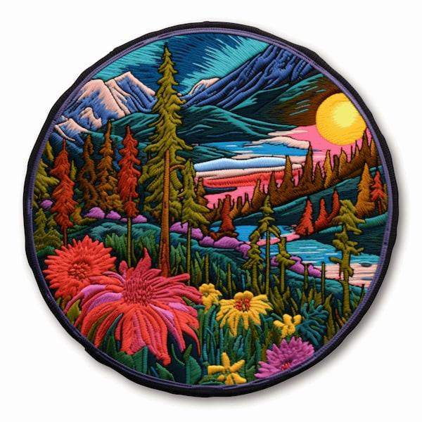 Sunset Over The Mountains Patch Iron-on/Sew-on Applique for Clothing Jacket Vest Backpack, Nature Badge, Decorative Craft, Field of Flowers