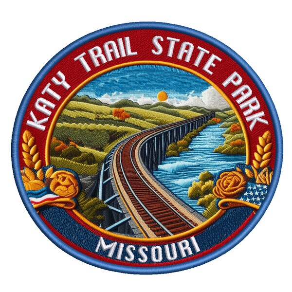 Katy Trail State Park Patch Iron-on/Sew-on Applique for Clothing Vest Backpack, Outdoor Nature Badge, Missouri, Train Track, Travel Souvenir