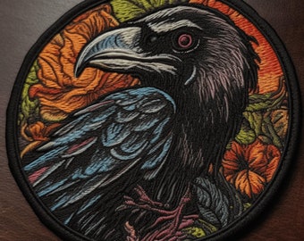 Raven Patch Iron-on/Sew-on Applique for Clothing Jacket Vest Backpack Hat, Animal Badge, Decorative Craft, Bird Gothic, Crow, Feather Flower