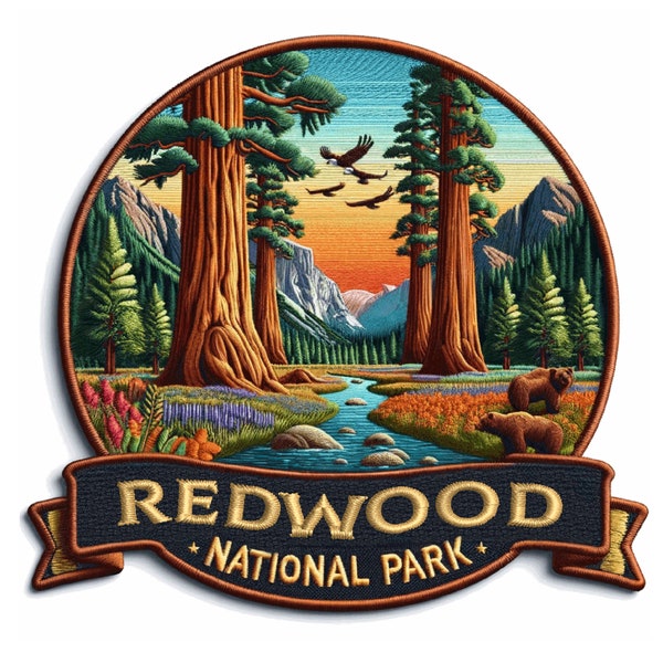 Redwood National Park Patch Iron-on/Sew-on Applique for Clothing Jacket Jeans Backpack Hat, Nature Badge, Sequoia Trees, California, Travel