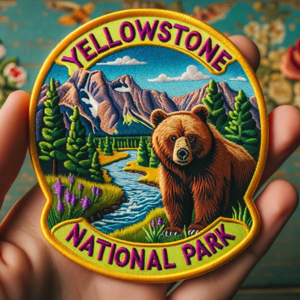 Yellowstone National Park Patch Iron-on/Sew-on Applique for Clothing Vest Jacket Backpack Hat, Animal Badge, Nature Emblem, Bear, Decorative