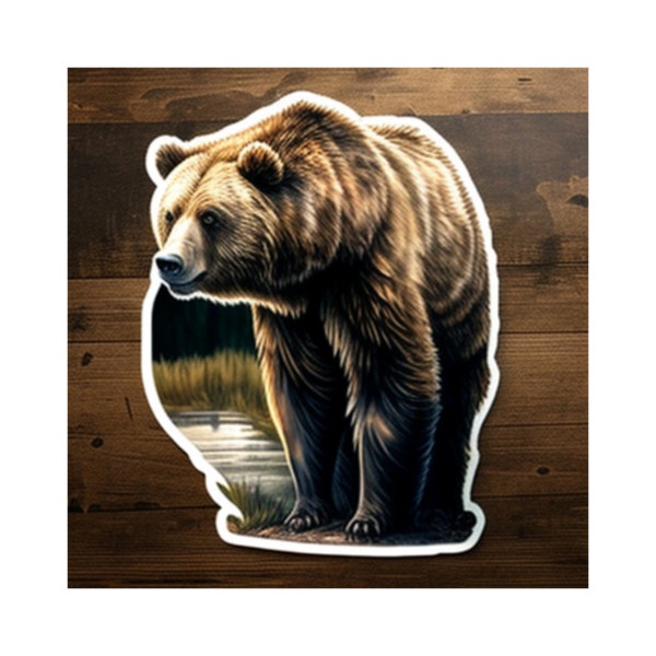 Grizzly Bear Vinyl Nature Sticker, waterproof vinyl forest lover sticker, mountain scene water bottle laptop decal, animal sticker art