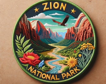 Zion National Park Patch Iron-on/Sew-on Applique for Clothing Vest Jacket Backpack, Nature Badge, Decorative Craft, Canyon, Mountain, River