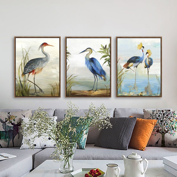 Great Adjutant Blue Bird Print on Canvas Framed Wall Art for Living Room Bedroom Kitchen Office Home Decor