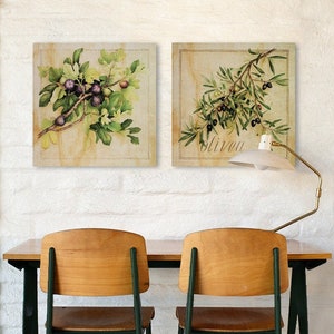 Olive Fig Plants Branch Fruit Botanical Wood Panel Print Large Wall Art, Unique Wooden Texture Home Wall Decor, Housewarming Gift Set of 2