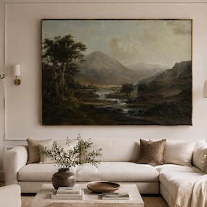 Paisaje vintage, lienzo enmarcado con paisaje para pared, decoración natural neutra, obra de arte de 36x48 pulgadas.