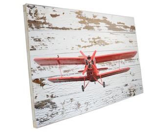 Vintage Red Airplane Print on Reclaimed Wood Pallet Wall Art Decor, Handcrafted Solid Wood Plank Large Rustic Cabinet Farmhouse Home Decor