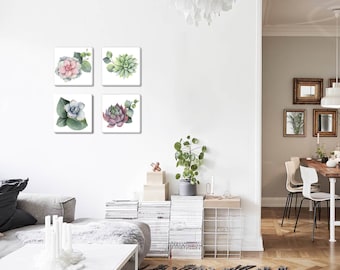 Watercolor Succulent Canvas Prints, Floral Botanical Wall Art, Set of 4