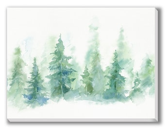 Pine Tree Forest Watercolor Painting on Canvas Wall Art, Giclee Printing Wall Decor Home Decoration, Ready to Hang