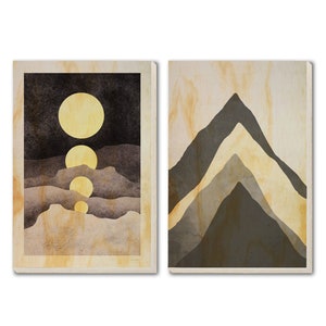 Sunrise Sunset Mountain Abstract Geometric Picture Wood Panel Print Large Wall Art, Unique Wooden Texture Home Wall Decor