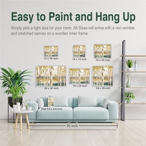 May include: A guide to different sizes of stretched canvas prints featuring a nature scene with trees and a lake. The sizes are listed in inches, including 12 x 16, 14 x 14, 16 x 20, 18 x 24, 24 x 36, and 24 x 24. The canvas prints are shown hanging on a wall in a living room setting.