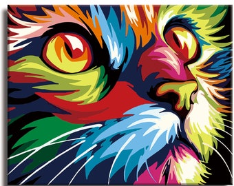 Colorful Kitty Paint by Numbers Colorful Oil Painting Abstract 16x20 Framed  DIY Paint by Numbers Kit for Adults Beginners 