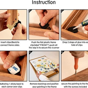 Puede incluir: Instrucciones paso a paso para montar un marco de fotos de madera. Los pasos incluyen la inserci&oacute;n de clips, la fijaci&oacute;n de clips de marco, la aplicaci&oacute;n de pegamento, la adhesi&oacute;n de respaldos adhesivos, el posicionamiento de la obra de arte y la fijaci&oacute;n con tornillos. La palabra "Instruction" est&aacute; arriba.
