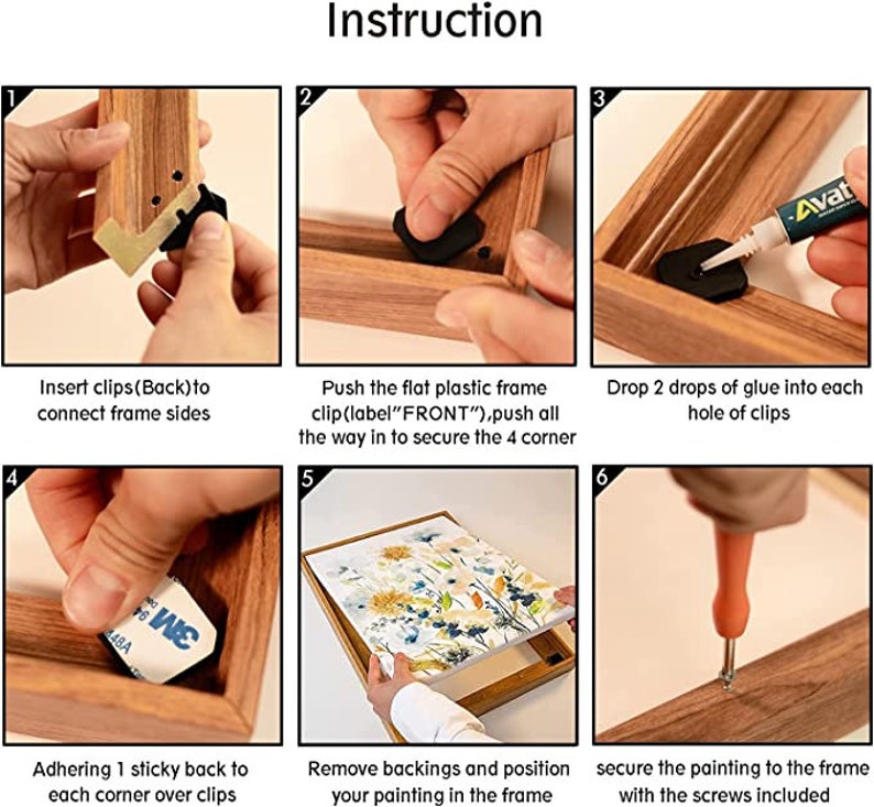 Puede incluir: Instrucciones paso a paso para montar un marco de fotos de madera. Los pasos incluyen la inserci&oacute;n de clips, la fijaci&oacute;n de clips de marco, la aplicaci&oacute;n de pegamento, la adhesi&oacute;n de respaldos adhesivos, el posicionamiento de la obra de arte y la fijaci&oacute;n con tornillos. La palabra "Instruction" est&aacute; arriba.