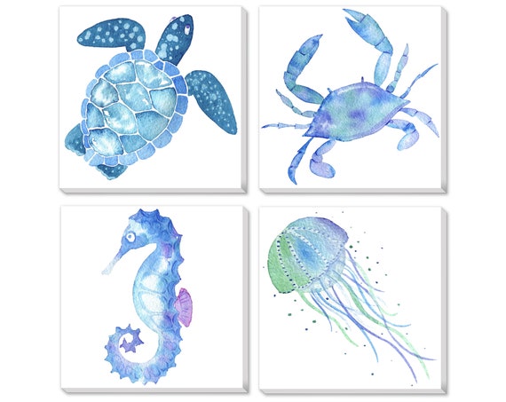 Sea Animals Watercolor Painting Print on Canvas Wall Art Boy | Etsy