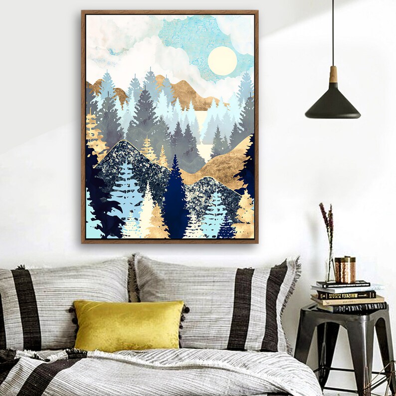 May include: A digital painting of a forest scene with blue and gold tones. The trees are silhouetted against a blue sky with white clouds. The sun is shining in the upper right corner of the image.