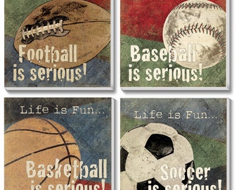 Sports Decor Canvas Wall Art Soccerball Basketball Football Tennis Poster Pictures for Boy Room Kids 14"x14" Inch  ( Set of 4 )