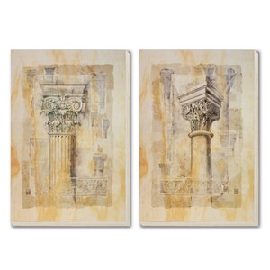 May include: A set of two framed prints featuring watercolor illustrations of ancient Roman columns with intricate details. The prints have a vintage, antique aesthetic and are set against a beige background.
