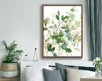 Nature Leaf Grass Water Color Print  Print on Canvas, Vintage Home Decor Stretched and Wood Framed for Living Room Home Ofiice Decor