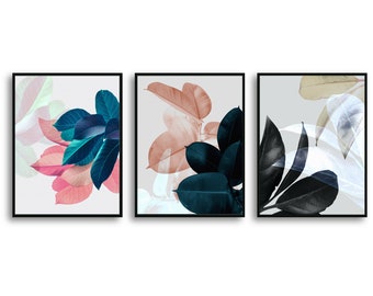 Leaves Negative Film Colored Light and Shadow Wall Decor, Framed Canvas Wall Art, Living Room Bedroom Housewarming Gift, Set of 3 Panels