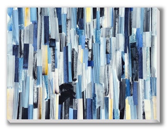 Blue Stripes Collage Art, Oil Painting Print on Canvas