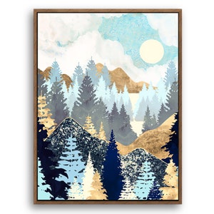 May include: A digital painting of a forest scene with blue and gold mountains and trees. The sky is a light blue with white clouds and a bright yellow sun.