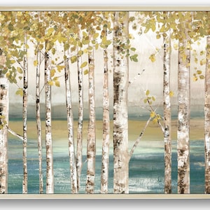 Silver Framed Canvas Wall Art Picture, Nordic Style Aspen Grove brich Trees Forest with Gold Foil Leaves for Home Interior Decor