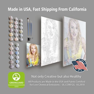 May include: A paint by numbers kit featuring a woman with long blonde hair wearing a yellow tank top. The kit includes a canvas, paintbrushes, and numbered paint pots. The kit is made in the USA and is certified for low chemical emissions. The text "Made in USA" is visible in the image.