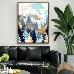May include: A digital painting of a forest scene with blue and gold trees and mountains. The sky is a light blue with white clouds and a bright sun.