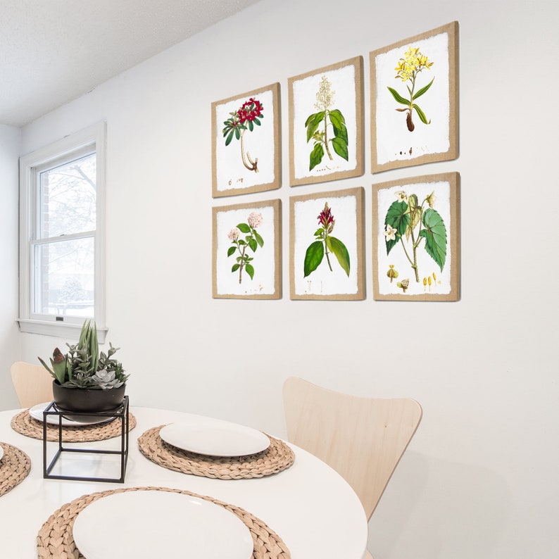 Set of 6 Ready to Hang French Vintage Botanical Artwork Prints on Burlap Canvas Wall Art Vintage Flower Illustration Home Decoration