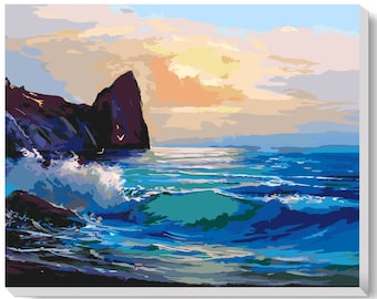 Blue Ocean Waves DIY Paint By Numbers Kit for Adults, Coastal Style Oil Painting Framed Canvas Wall Art, Epic Landscape Seascape Painting