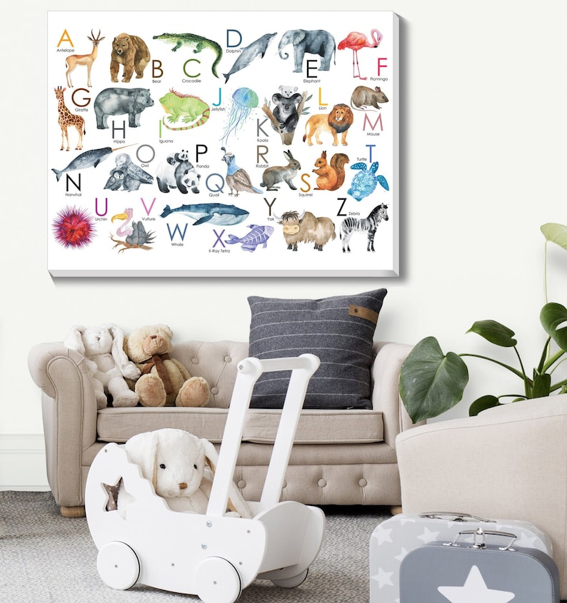 Kids Alphabet Letters with Pictures on Large Canvas Wall Art Zoo Animal ABC Kids Baby Toddlers Preschool Learning Educational Posters
