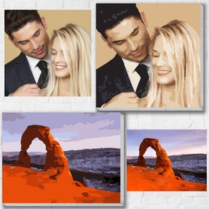 May include: Two framed paintings, one of a couple and the other of a red rock arch in a desert landscape.
