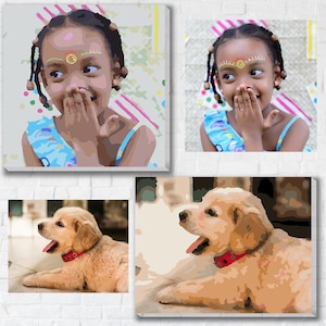 May include: A set of three paint by numbers canvases featuring a young girl with a colorful headband and a golden retriever puppy. The girl is smiling and covering her mouth with her hands. The puppy is lying down with its tongue sticking out.