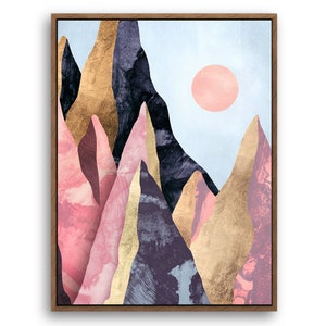 May include: Abstract art print featuring a mountain range with pink, gold, and purple hues against a light blue sky with a pink sun.